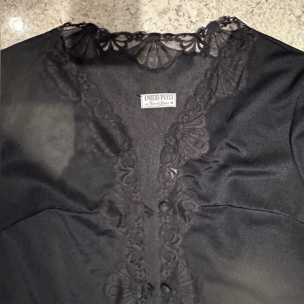 EMILIO PUCCI Black Lace Trimmed Negligee Set Nightgown Robe M - Picture 9 of 16